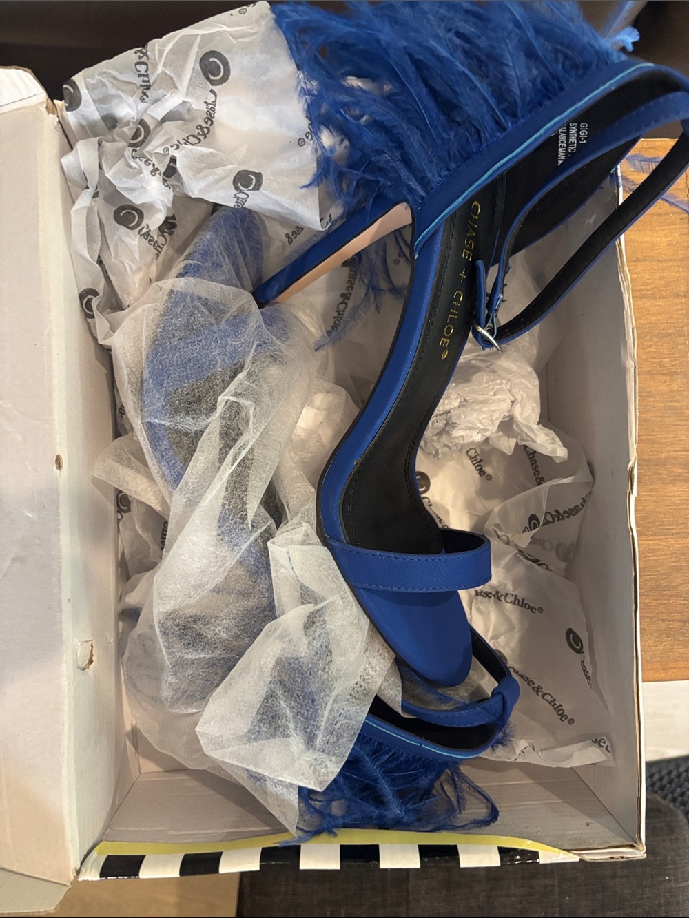 Chase + Chloe Royal Blue Feather Strap Stilettos - Picture 2 of 3